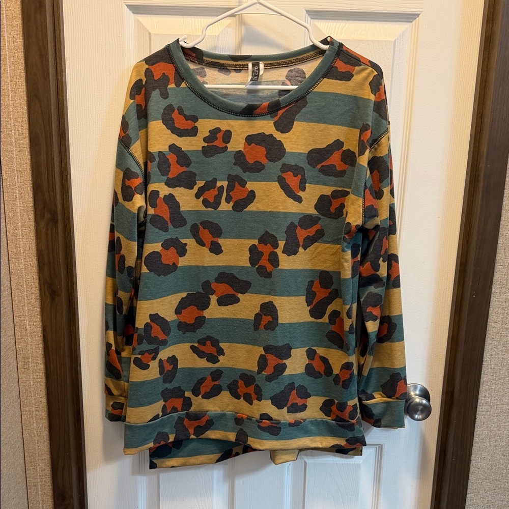 Striped Leopard Print Long Sleeve Top - Green/Gold